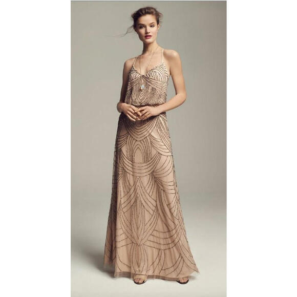 Adrianna Papell Beaded Mesh Blouson Dress Sz 10 Taupe pink